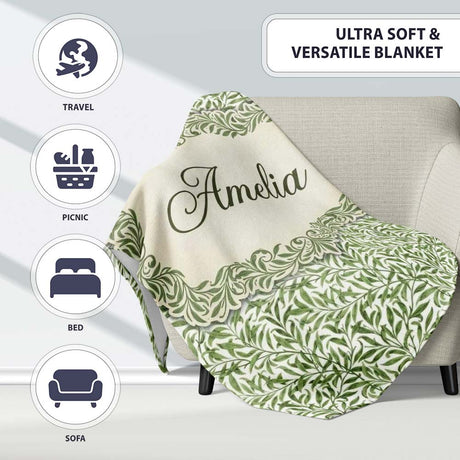 Green Leaf Botanical Nature Repeat Seamless Pattern Name Cute  Personalised Custom Name Super Soft Fleece Blanket Bed Sofa Throw