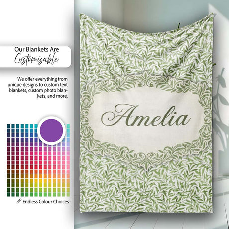 Green Leaf Botanical Nature Repeat Seamless Pattern Name Cute  Personalised Custom Name Super Soft Fleece Blanket Bed Sofa Throw