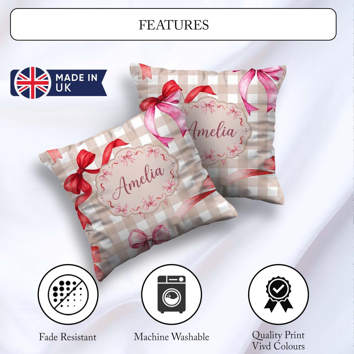 Custom Name Watercolor Ribbon Bow Seamless Pattern Taupe Gingham Square Filled Cushion Throw Pillow Sofa Bed Home Decor Zip Washable UK Made