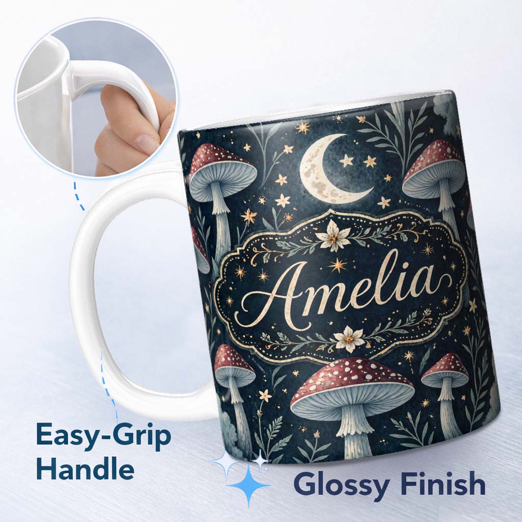 Personalized Custom Name Magical Mushroom Crescent Moon Night Seamless Pattern Lovely 11oz Ceramic Coffee Tea Mug White Large Handle