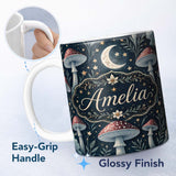 Personalized Custom Name Magical Mushroom Crescent Moon Night Seamless Pattern Lovely 11oz Ceramic Coffee Tea Mug White Large Handle