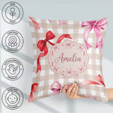 Custom Name Watercolor Ribbon Bow Seamless Pattern Taupe Gingham Square Filled Cushion Throw Pillow Sofa Bed Home Decor Zip Washable UK Made
