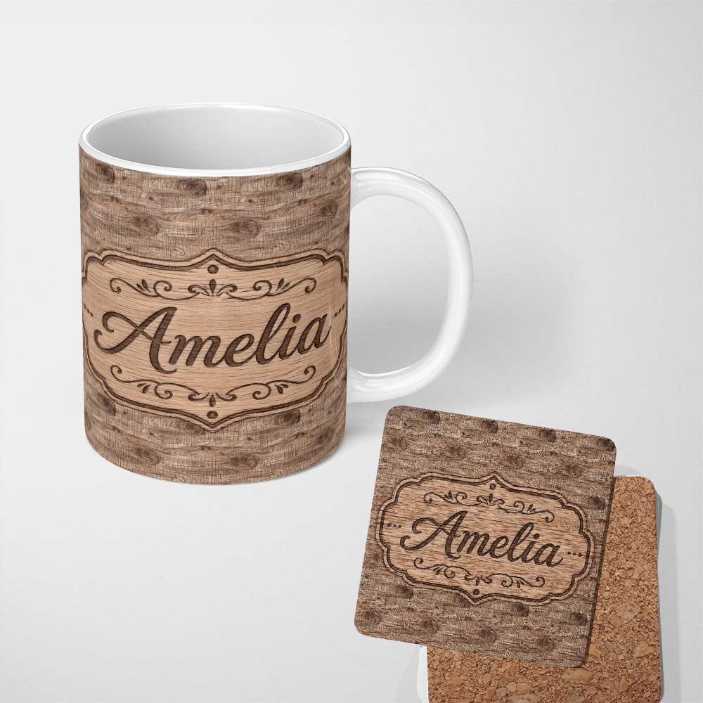 Personalized Custom Name Natural Wood Grain Rings Texture Seamless Pattern Name Cute Unique 11oz Ceramic Coffee Tea Mug White Large Handle