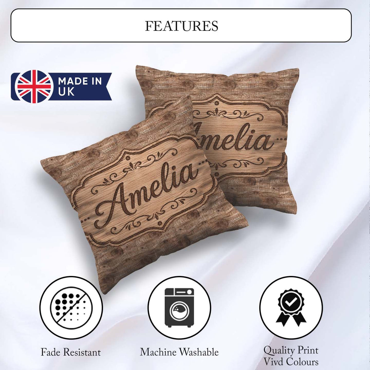 Custom Name Natural Wood Grain Rings Texture Seamless Name Cute Square Filled Cushion Throw Pillow Sofa Bed Home Decor Zip Washable UK Made
