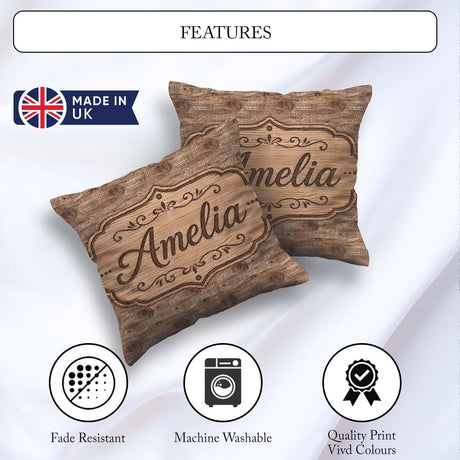 Custom Name Natural Wood Grain Rings Texture Seamless Name Cute Square Filled Cushion Throw Pillow Sofa Bed Home Decor Zip Washable UK Made