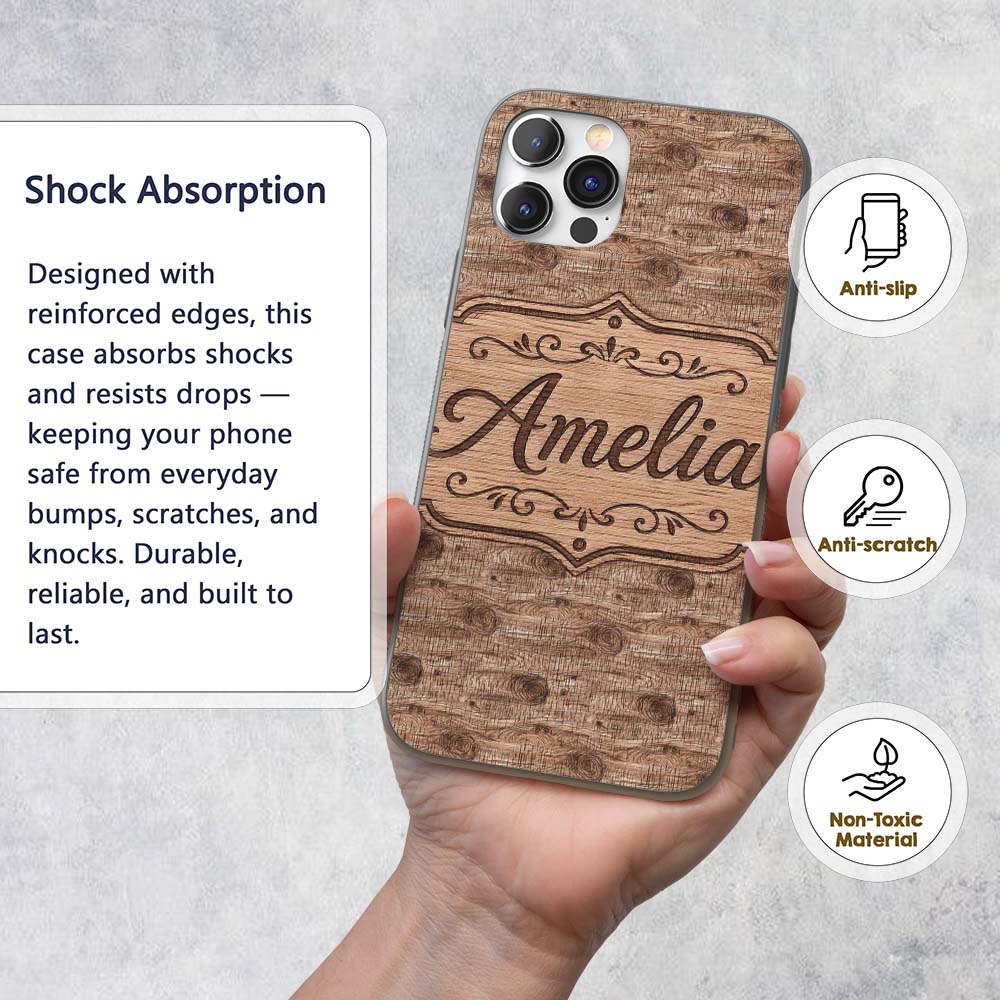 Natural Wood Grain Rings Texture Seamless Pattern Custom Name Protective Phone Case Mobile Cover Durable Everyday Smartphone Shock Resistant