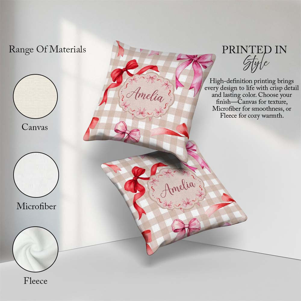 Custom Name Watercolor Ribbon Bow Seamless Pattern Taupe Gingham Square Filled Cushion Throw Pillow Sofa Bed Home Decor Zip Washable UK Made