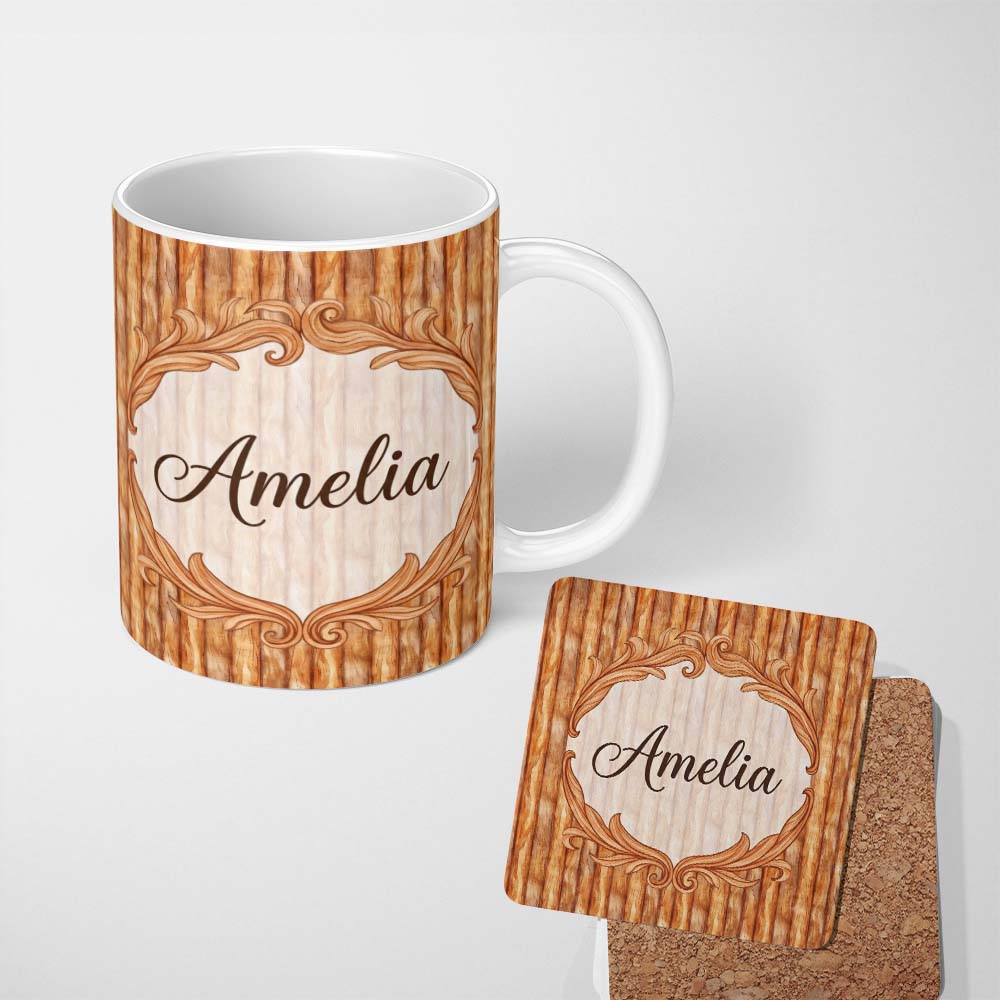 Personalized Custom Name Warm Brown Wood Plank Vertical Texture Seamless Pattern Name Cute 11oz Ceramic Coffee Tea Mug White Large Handle