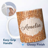 Personalized Custom Name Warm Brown Wood Plank Vertical Texture Seamless Pattern Name Cute 11oz Ceramic Coffee Tea Mug White Large Handle