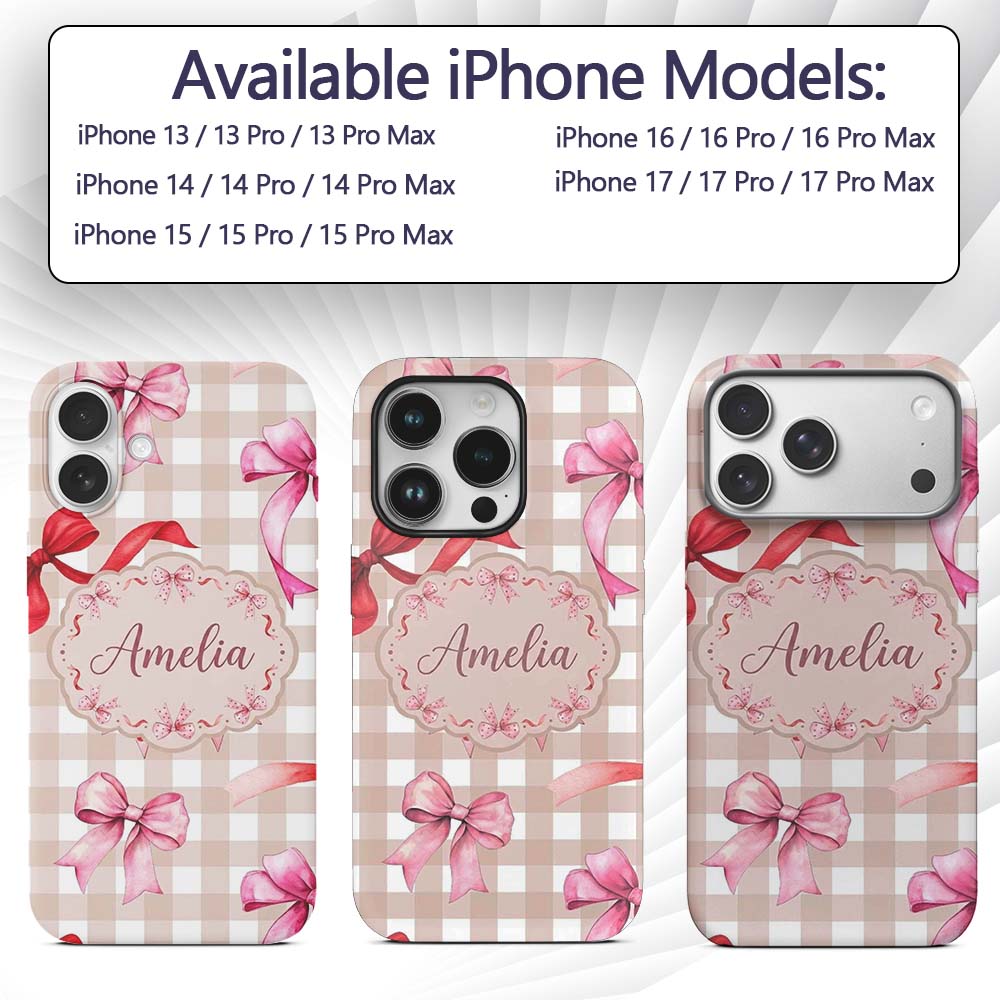Watercolor Ribbon Bow Seamless Pattern on Taupe Custom Name Protective Phone Case Mobile Cover Durable Everyday Smartphone Shock Resistant