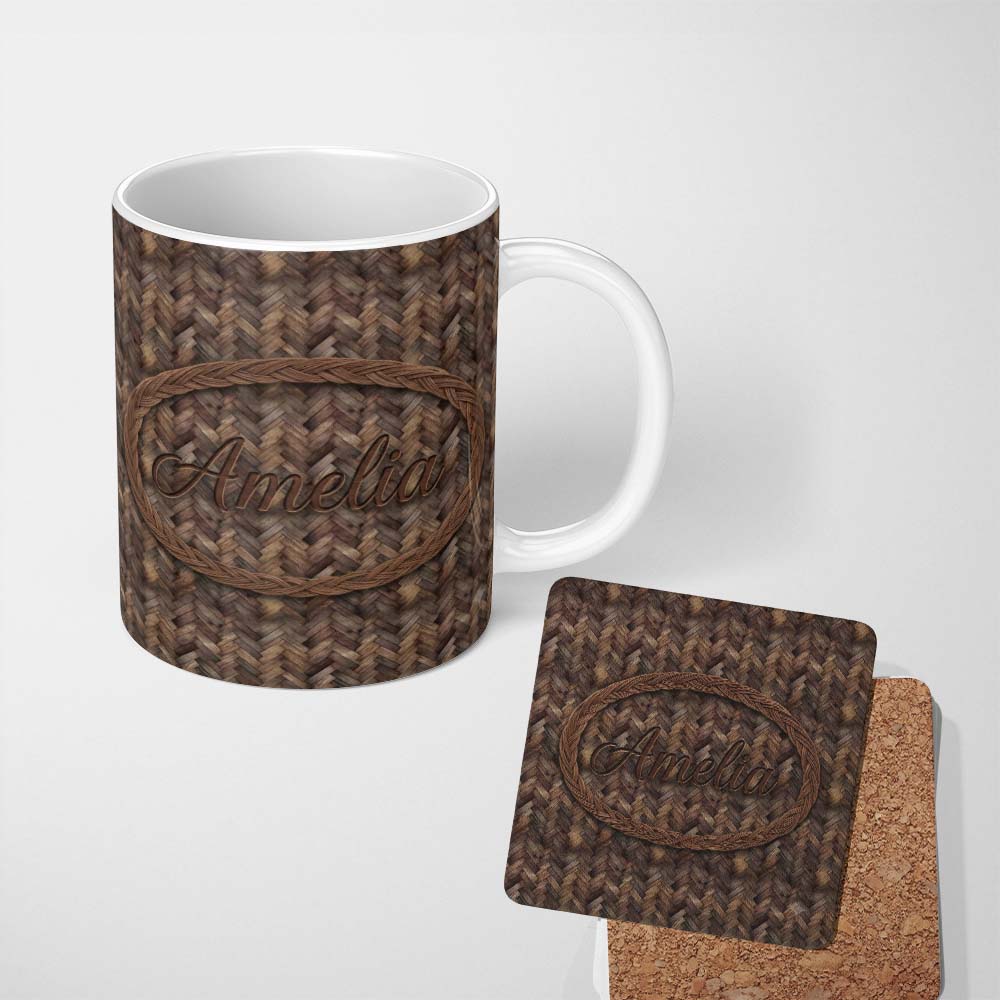 Personalized Custom Name Herringbone Wood Flooring Parquet Seamless Pattern Name Cute Unique 11oz Ceramic Coffee Tea Mug White Large Handle
