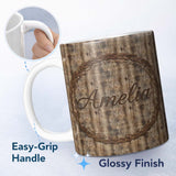 Personalized Custom Name Dark Rustic Wooden Plank Texture Seamless Pattern Name Cute Unique 11oz Ceramic Coffee Tea Mug White Large Handle