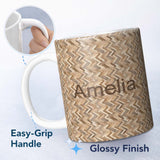 Personalized Custom Name Light Oak Herringbone Wood Flooring Seamless Pattern Name Cute 11oz Ceramic Coffee Tea Mug White Large Handle