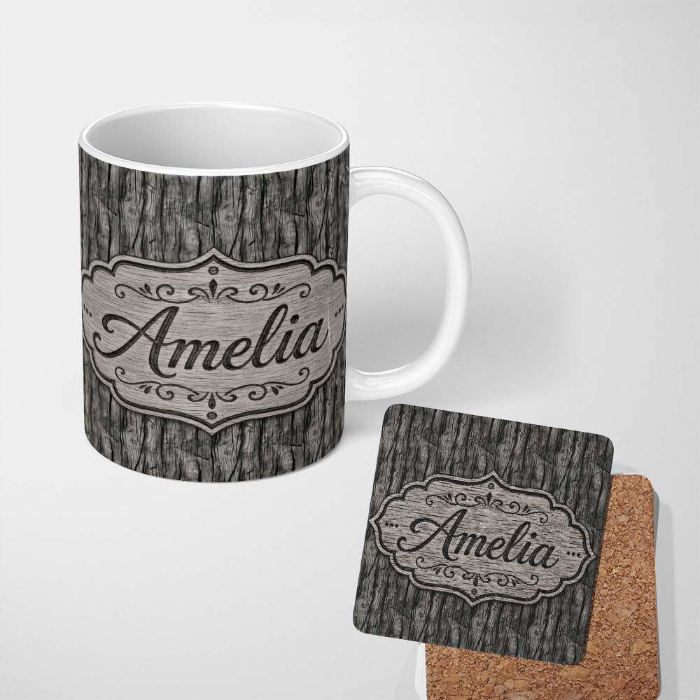 Personalized Custom Name Dark Weathered Wooden Planks Rustic Seamless Pattern Name Cute 11oz Ceramic Coffee Tea Mug White Large Handle