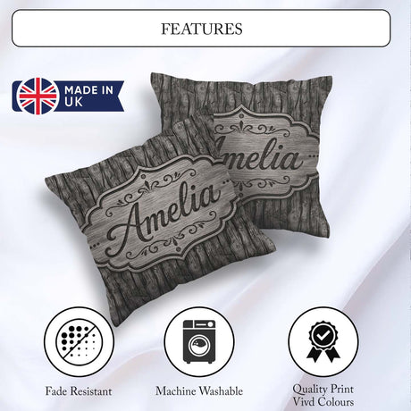 Custom Name Dark Wooden Planks Rustic Seamless Pattern Name Cute Square Filled Cushion Throw Pillow Sofa Bed Home Decor Zip Washable UK Made