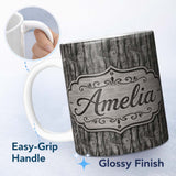 Personalized Custom Name Dark Weathered Wooden Planks Rustic Seamless Pattern Name Cute 11oz Ceramic Coffee Tea Mug White Large Handle