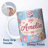Personalized Custom Name Cute Christmas Gingerbread Candy House Gifts Pattern Blue Stripe 11oz Ceramic Coffee Tea Mug White Large Handle