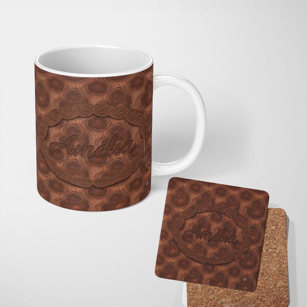 Personalized Custom Name Rich Swirling Wood Grain Texture Seamless Pattern Name Cute Unique 11oz Ceramic Coffee Tea Mug White Large Handle