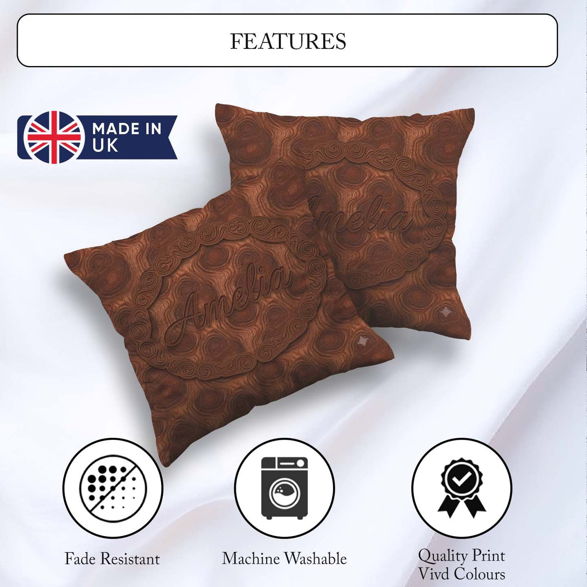 Custom Name Rich Swirling Wood Grain Texture Seamless Name Cute Square Filled Cushion Throw Pillow Sofa Bed Home Decor Zip Washable UK Made