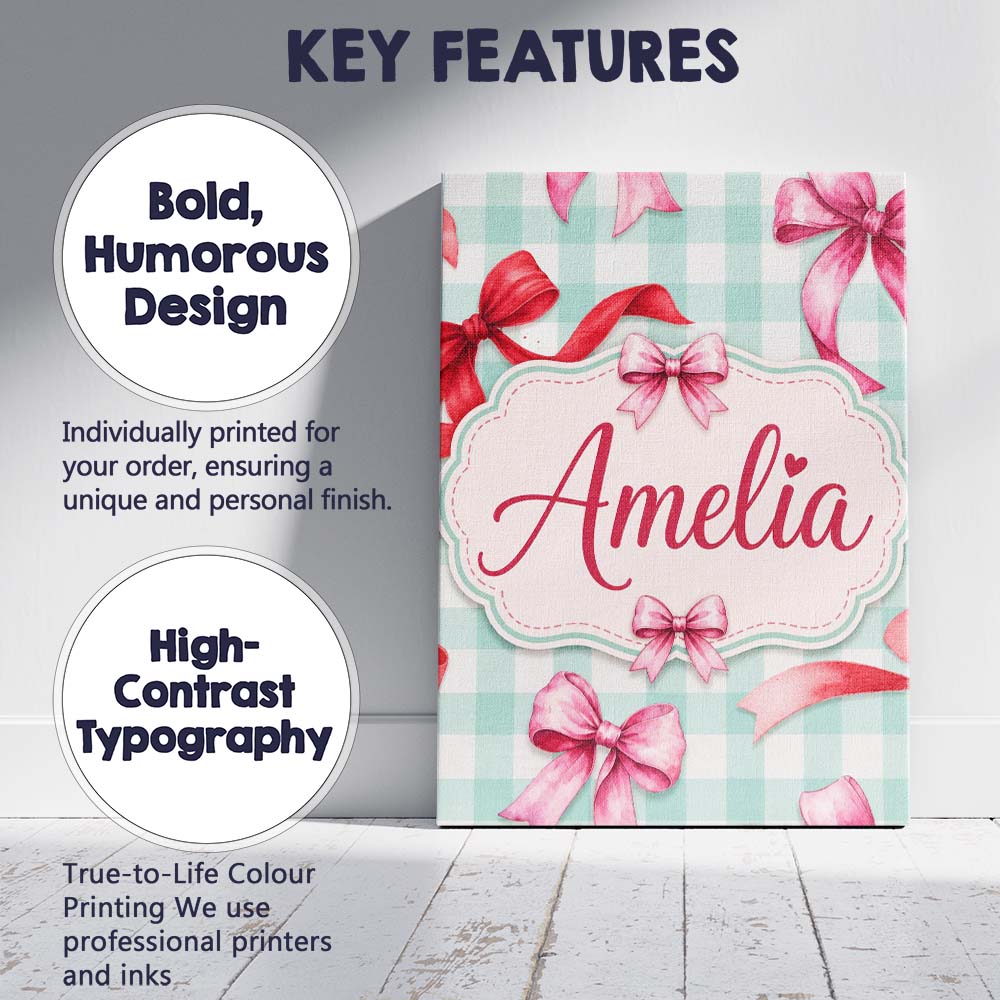 Personalised Name Watercolor Ribbon Bow Custom  Modern Room Accent Elegant Feature Canvas Wall Art Print Decor Picture Ready to Hang