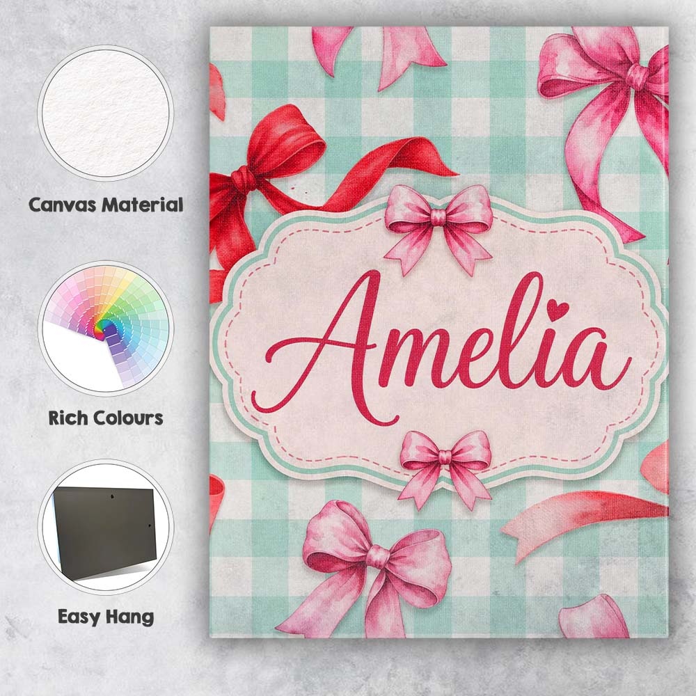 Personalised Name Watercolor Ribbon Bow Custom  Modern Room Accent Elegant Feature Canvas Wall Art Print Decor Picture Ready to Hang