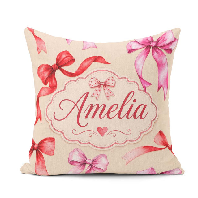 Custom Name Watercolor Ribbon Bow Seamless Pattern on Background Square Filled Cushion Throw Pillow Sofa Bed Home Decor Zip Washable UK Made