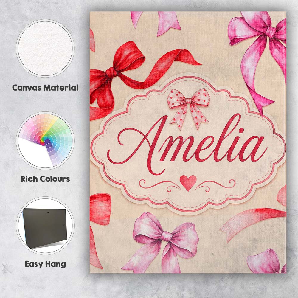 Personalised Name Watercolor Ribbon Bow Custom  Modern Room Accent Elegant Feature Canvas Wall Art Print Decor Picture Ready to Hang