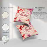 Custom Name Watercolor Ribbon Bow Seamless Pattern on Background Square Filled Cushion Throw Pillow Sofa Bed Home Decor Zip Washable UK Made
