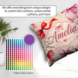 Custom Name Watercolor Ribbon Bow Seamless Pattern on Background Square Filled Cushion Throw Pillow Sofa Bed Home Decor Zip Washable UK Made