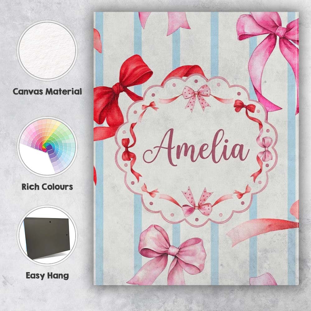 Personalised Name Watercolor Ribbon Bow Custom  Modern Room Accent Elegant Feature Canvas Wall Art Print Decor Picture Ready to Hang