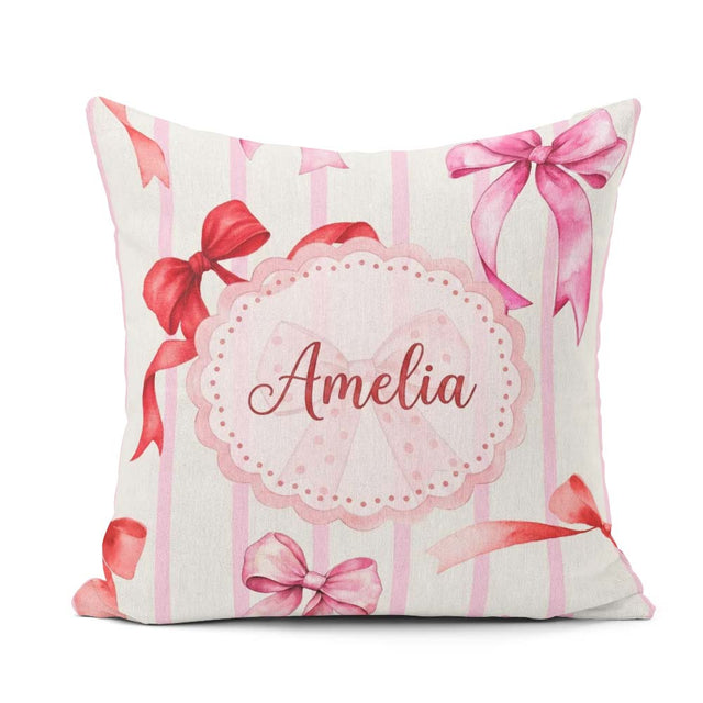 Custom Name Watercolor Ribbon Bow Seamless Pattern on Background Square Filled Cushion Throw Pillow Sofa Bed Home Decor Zip Washable UK Made