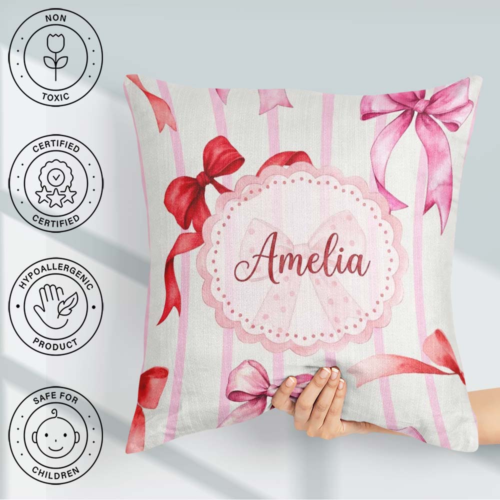 Custom Name Watercolor Ribbon Bow Seamless Pattern on Background Square Filled Cushion Throw Pillow Sofa Bed Home Decor Zip Washable UK Made