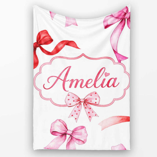 Watercolor Ribbon Bow Seamless Pattern on Light Grey Background  Personalised Custom Name Super Soft Fleece Blanket Bed Sofa Throw