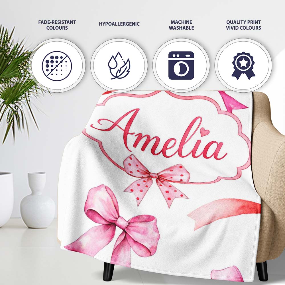 Watercolor Ribbon Bow Seamless Pattern on Light Grey Background  Personalised Custom Name Super Soft Fleece Blanket Bed Sofa Throw