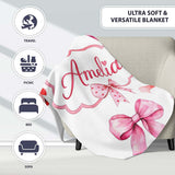 Watercolor Ribbon Bow Seamless Pattern on Light Grey Background  Personalised Custom Name Super Soft Fleece Blanket Bed Sofa Throw