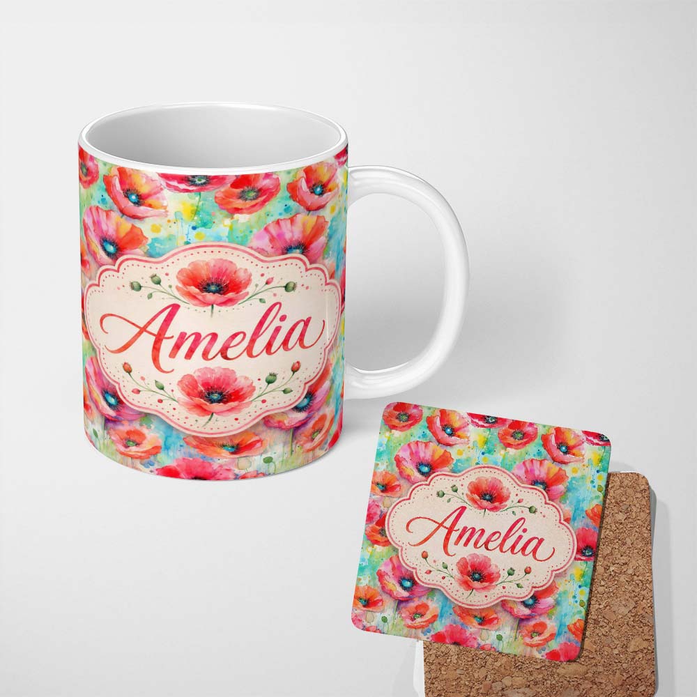 Personalized Custom Name Vibrant Artistic Poppy Flowers with Color Splash Seamless Pattern 11oz Ceramic Coffee Tea Mug White Large Handle