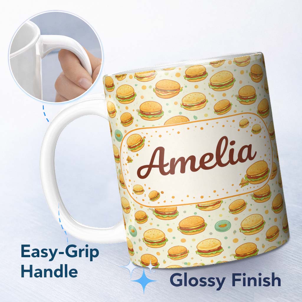 Personalized Custom Name Cute Mini Burger Seamless Pattern Mint Green Background Fast Food 11oz Ceramic Coffee Tea Mug White Large Handle