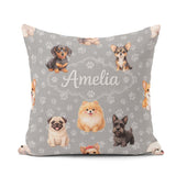 Custom Name Cute Dog Breeds Paw Print Pattern on Grey Background Square Filled Cushion Throw Pillow Sofa Bed Home Decor Zip Washable UK Made