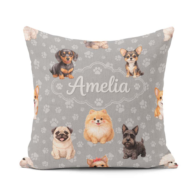 Custom Name Cute Dog Breeds Paw Print Pattern on Grey Background Square Filled Cushion Throw Pillow Sofa Bed Home Decor Zip Washable UK Made