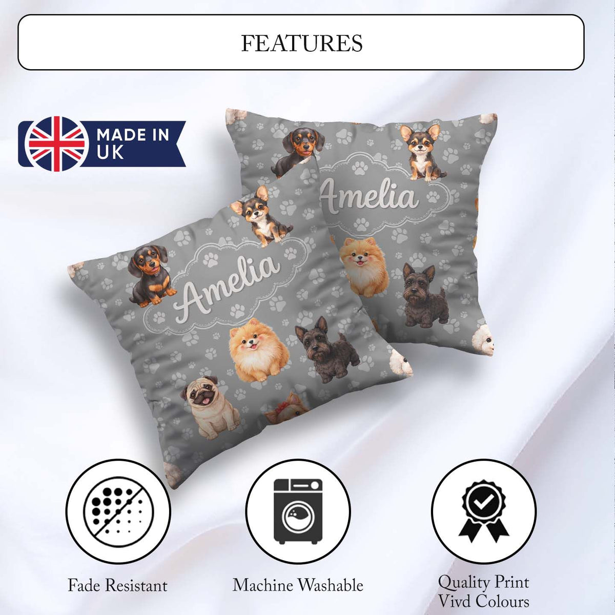 Custom Name Cute Dog Breeds Paw Print Pattern on Grey Background Square Filled Cushion Throw Pillow Sofa Bed Home Decor Zip Washable UK Made