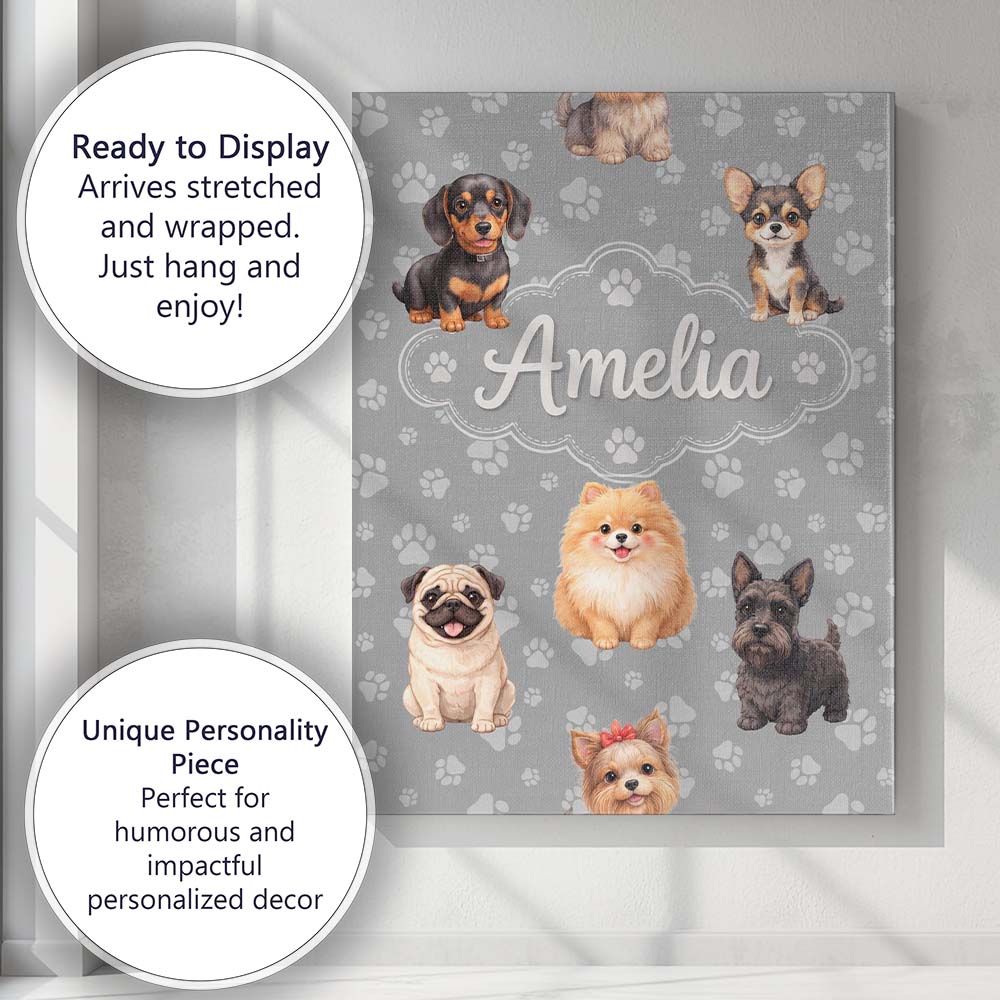 Personalised Name Cute Dog Breeds Paw Custom  Unique Gift Idea Modern Room Accent Canvas Wall Art Print Decor Picture Ready to Hang