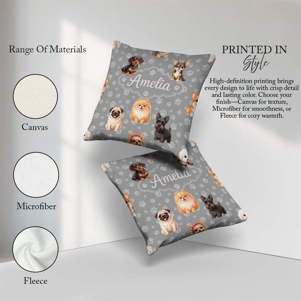 Custom Name Cute Dog Breeds Paw Print Pattern on Grey Background Square Filled Cushion Throw Pillow Sofa Bed Home Decor Zip Washable UK Made