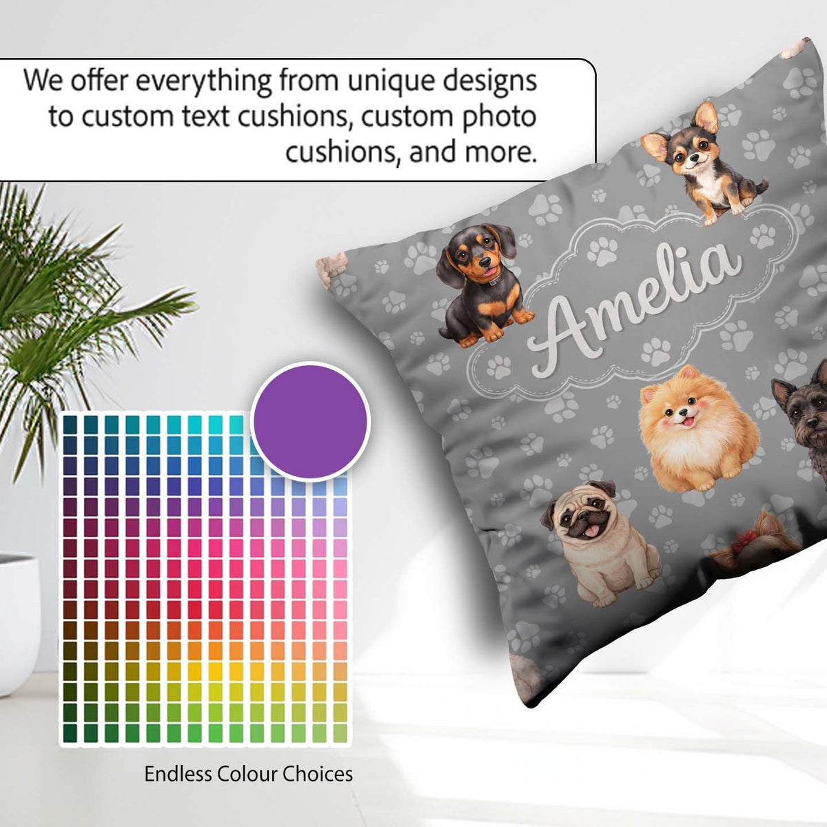 Custom Name Cute Dog Breeds Paw Print Pattern on Grey Background Square Filled Cushion Throw Pillow Sofa Bed Home Decor Zip Washable UK Made