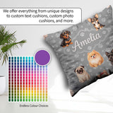 Custom Name Cute Dog Breeds Paw Print Pattern on Grey Background Square Filled Cushion Throw Pillow Sofa Bed Home Decor Zip Washable UK Made