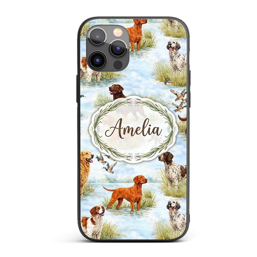 Watercolor Hunting Dogs Ducks Lake Printed Design Custom Name Protective Phone Case Mobile Cover Durable Everyday Smartphone Shock Resistant