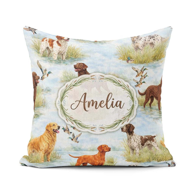 Custom Name Watercolor Hunting Dogs Lake Nature Seamless Pattern Square Filled Cushion Throw Pillow Sofa Bed Home Decor Zip Washable UK Made