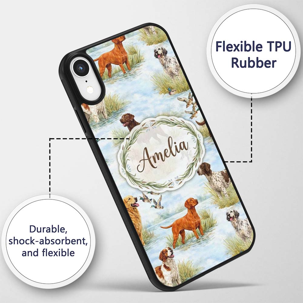 Watercolor Hunting Dogs Ducks Lake Printed Design Custom Name Protective Phone Case Mobile Cover Durable Everyday Smartphone Shock Resistant