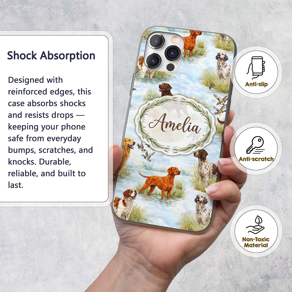 Watercolor Hunting Dogs Ducks Lake Printed Design Custom Name Protective Phone Case Mobile Cover Durable Everyday Smartphone Shock Resistant