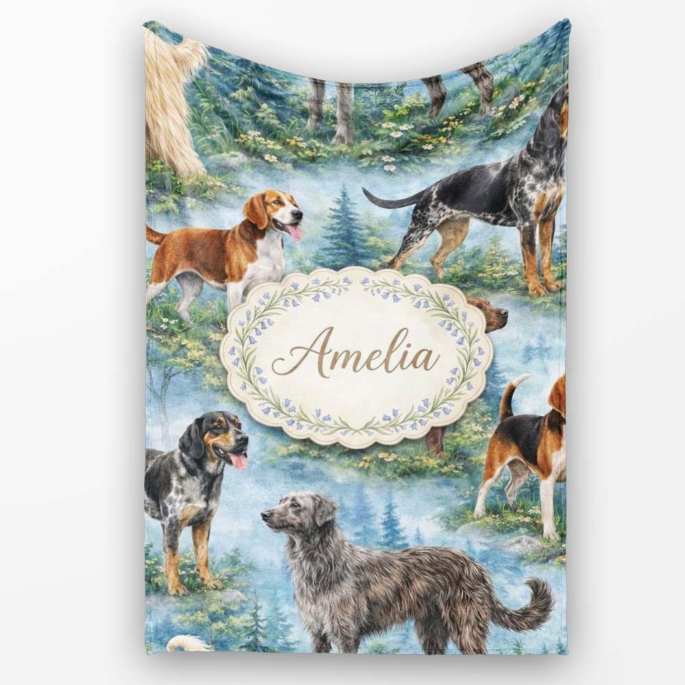 Watercolor Hunting Dogs Forest Nature Seamless Pattern Lovely  Personalised Custom Name Super Soft Fleece Blanket Bed Sofa Throw