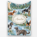 Watercolor Hunting Dogs Forest Nature Seamless Pattern Lovely  Personalised Custom Name Super Soft Fleece Blanket Bed Sofa Throw